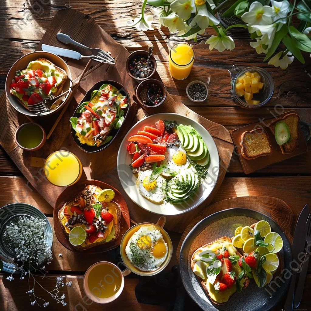 Overhead view of a gourmet breakfast spread on rustic table - Image 1