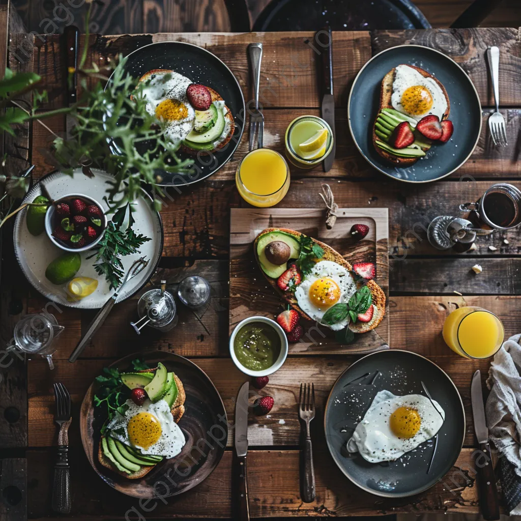 Overhead view of a gourmet breakfast spread on rustic table - Image 2