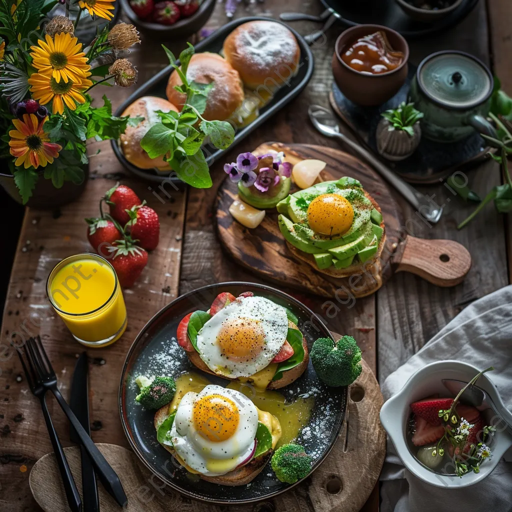 Overhead view of a gourmet breakfast spread on rustic table - Image 3