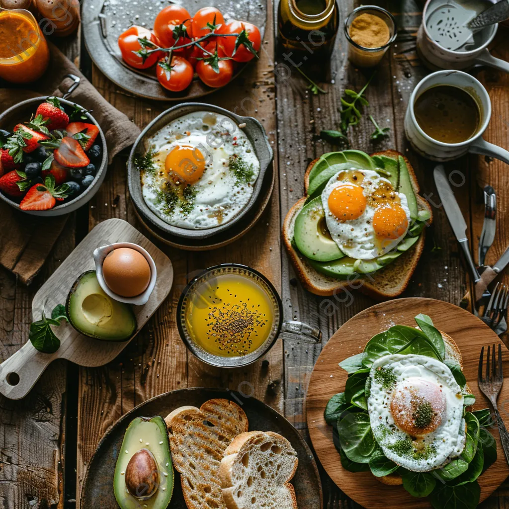 Overhead view of a gourmet breakfast spread on rustic table - Image 4