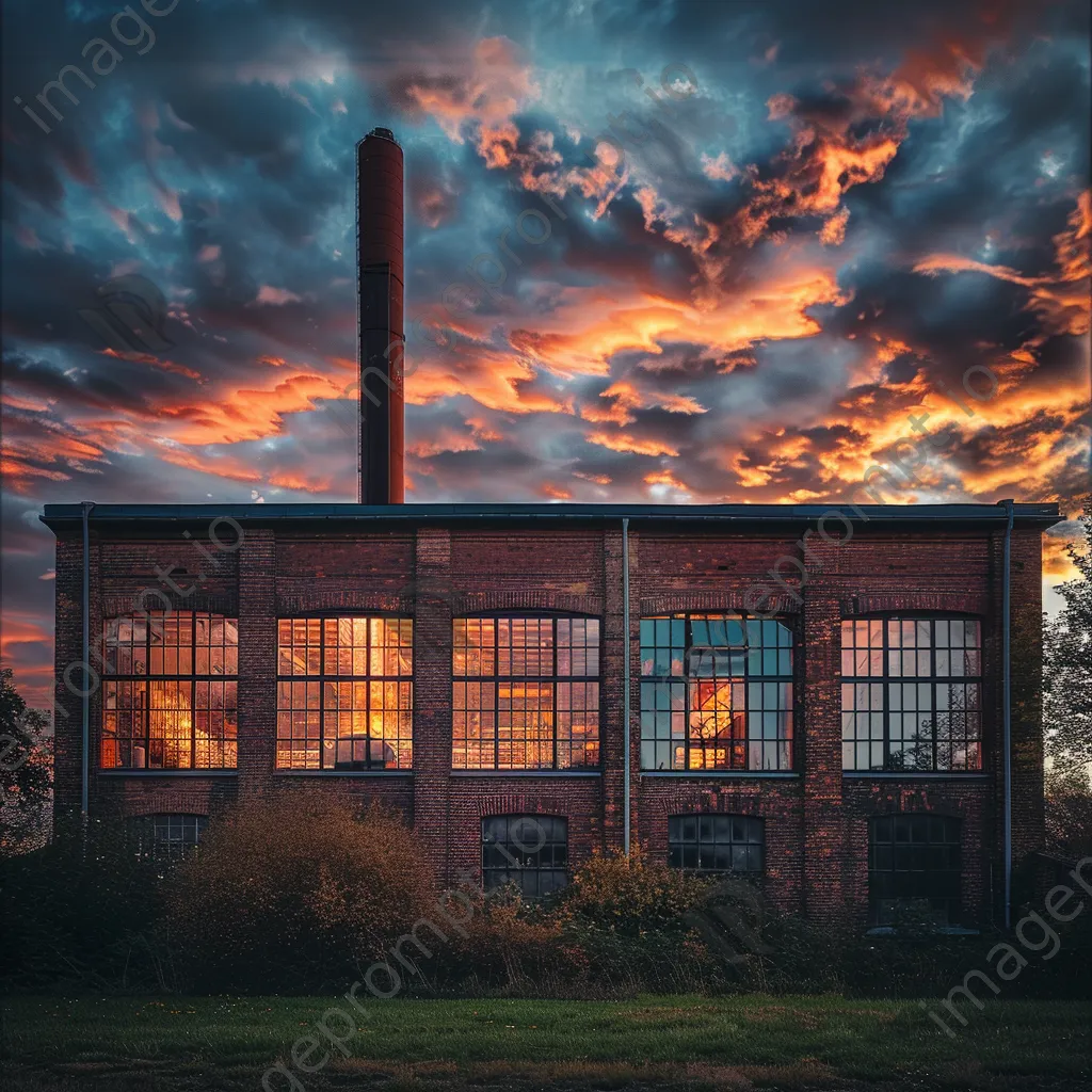 Classic brick factory with smokestack during sunset - Image 1