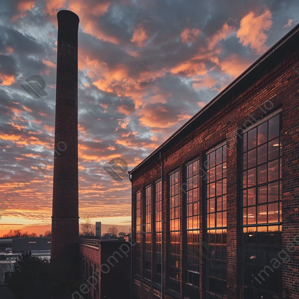 Classic brick factory with smokestack during sunset - Image 2