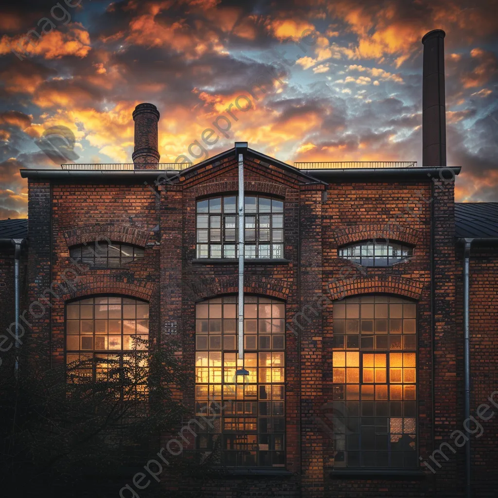 Classic brick factory with smokestack during sunset - Image 3