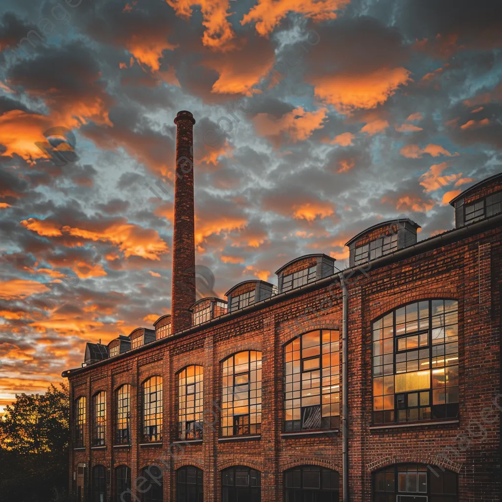 Classic brick factory with smokestack during sunset - Image 4