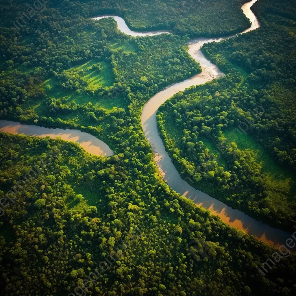 Lush green forest canopy and meandering river seen from airplane window - Image 2