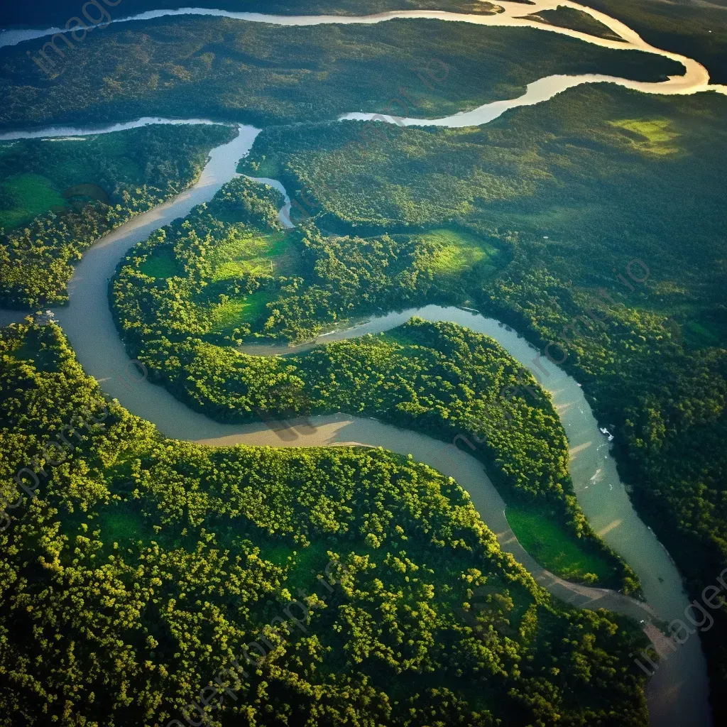 Lush green forest canopy and meandering river seen from airplane window - Image 3