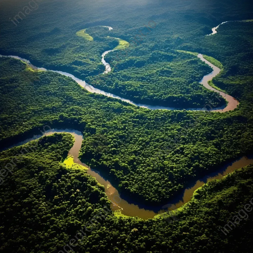 Lush green forest canopy and meandering river seen from airplane window - Image 4