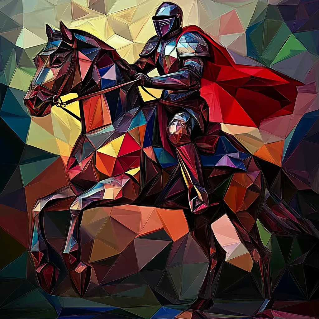 Energizing stained glass style low poly knight on horseback - Image 1