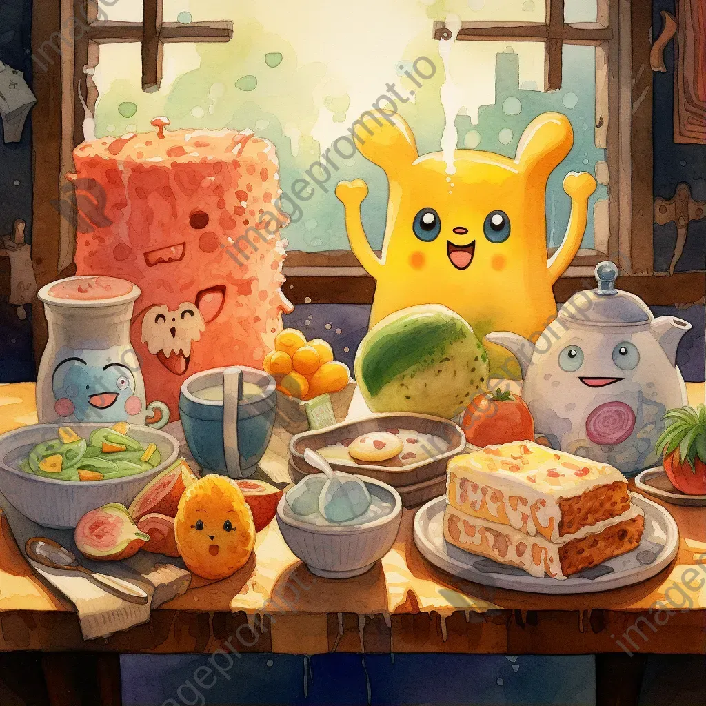 Whimsical breakfast scene with anthropomorphic food characters in pastel watercolors - Image 1