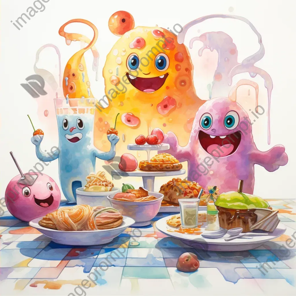 Whimsical breakfast scene with anthropomorphic food characters in pastel watercolors - Image 2