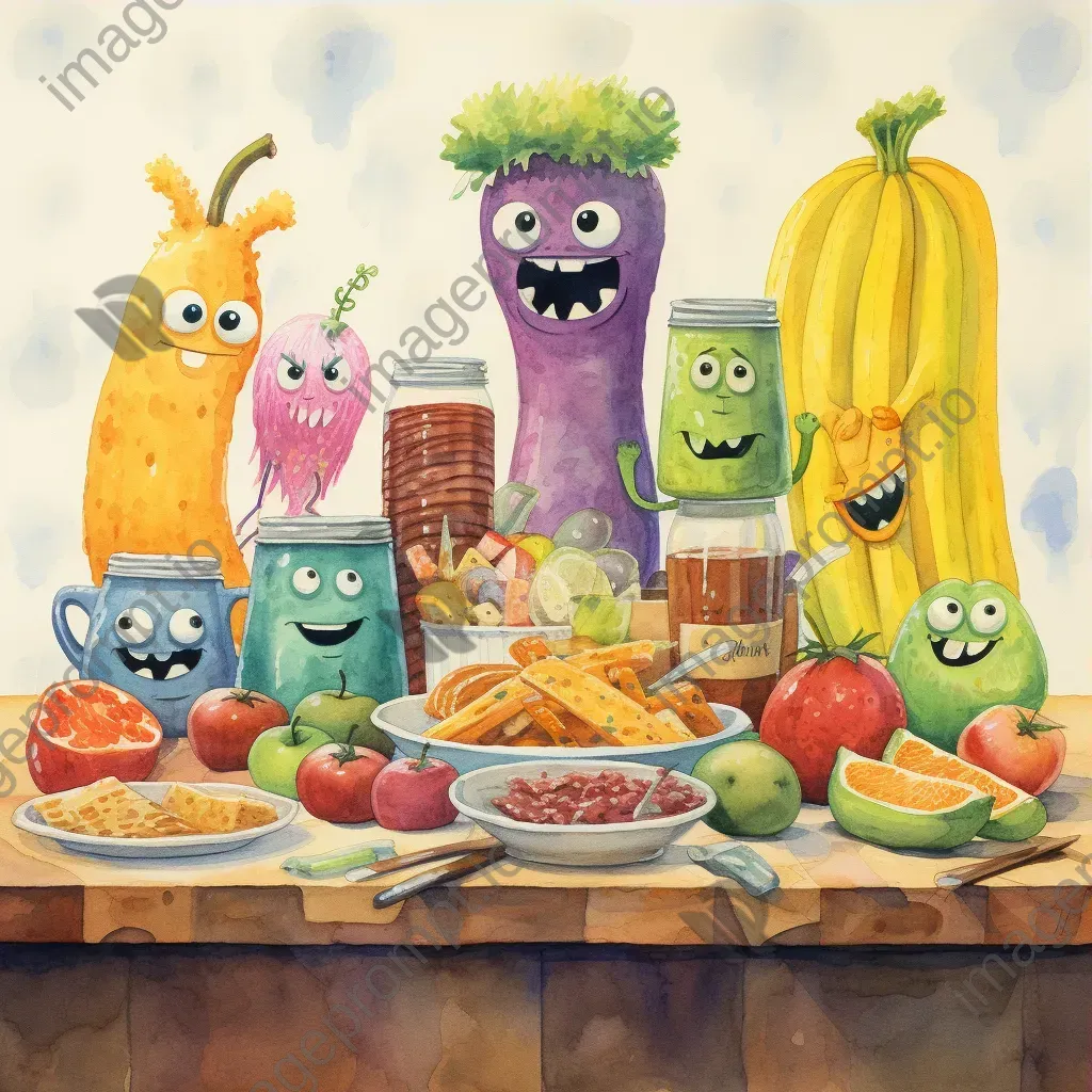 Whimsical breakfast scene with anthropomorphic food characters in pastel watercolors - Image 3