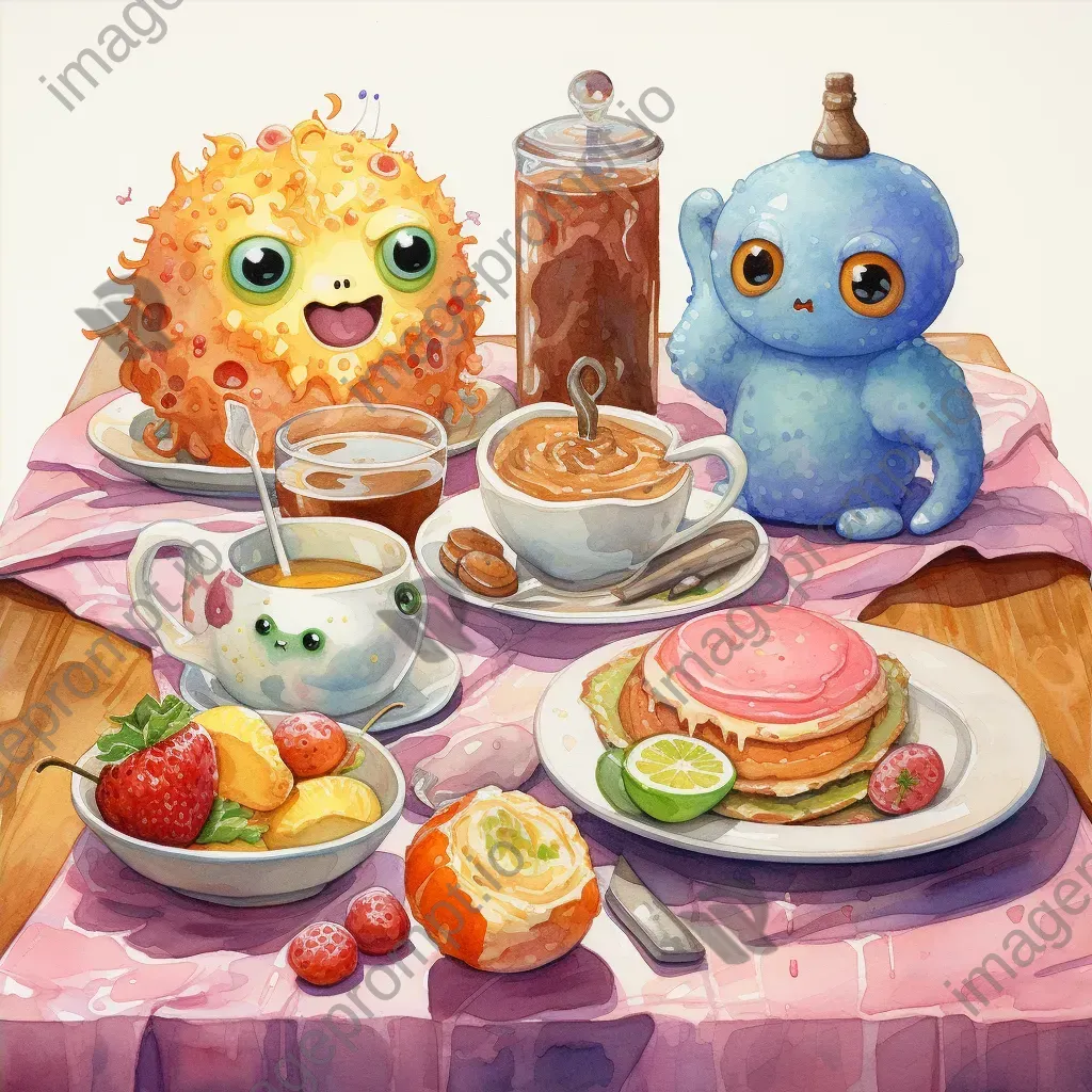 Whimsical breakfast scene with anthropomorphic food characters in pastel watercolors - Image 4