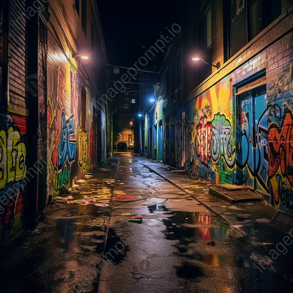 Urban alleyway with colorful graffiti art under dim street lights at night - Image 1