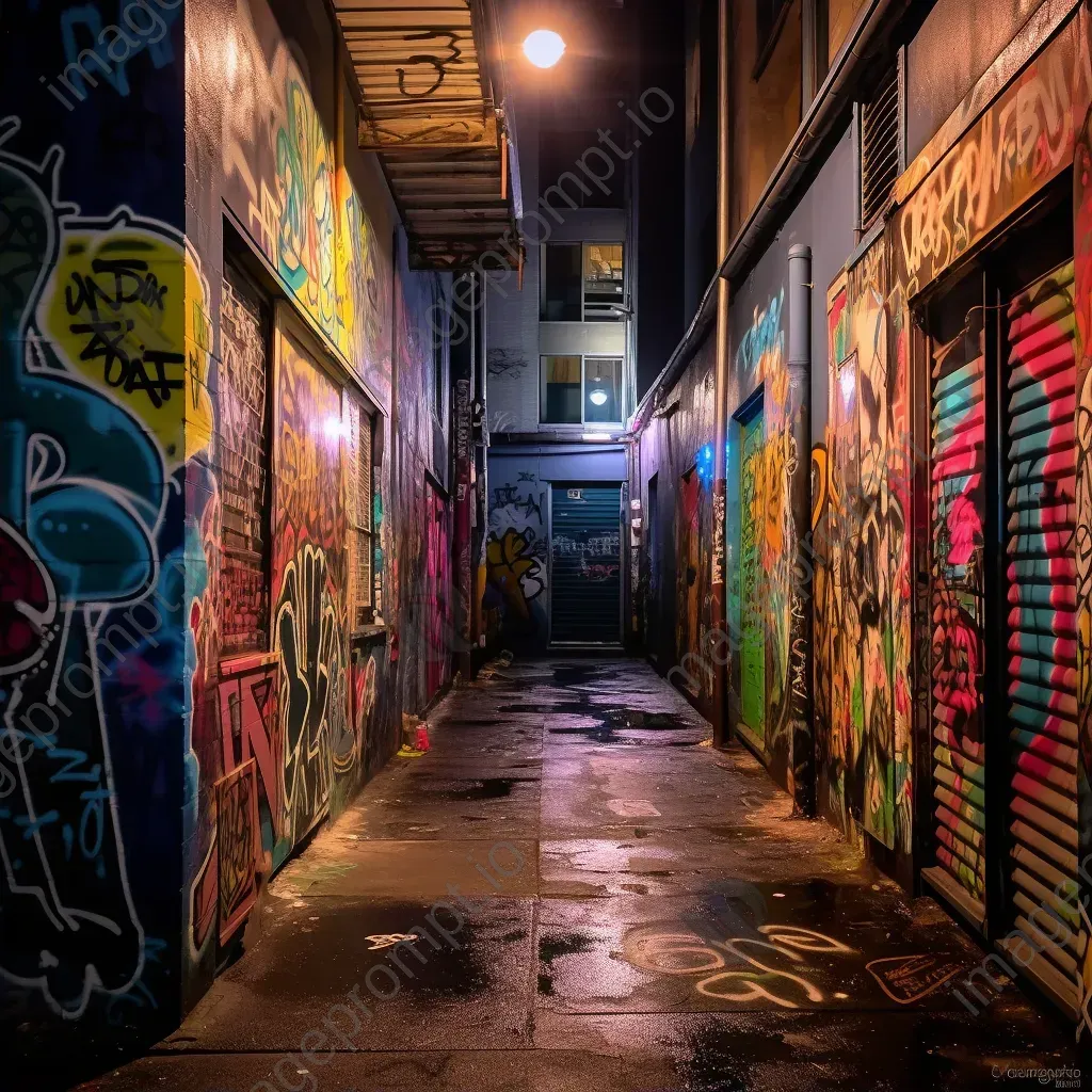 Urban alleyway with colorful graffiti art under dim street lights at night - Image 2