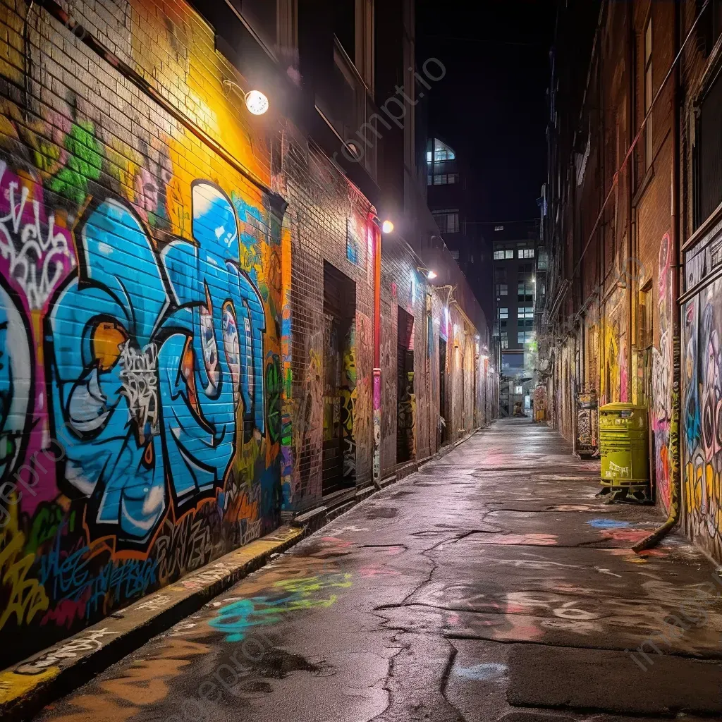 Urban alleyway with colorful graffiti art under dim street lights at night - Image 3