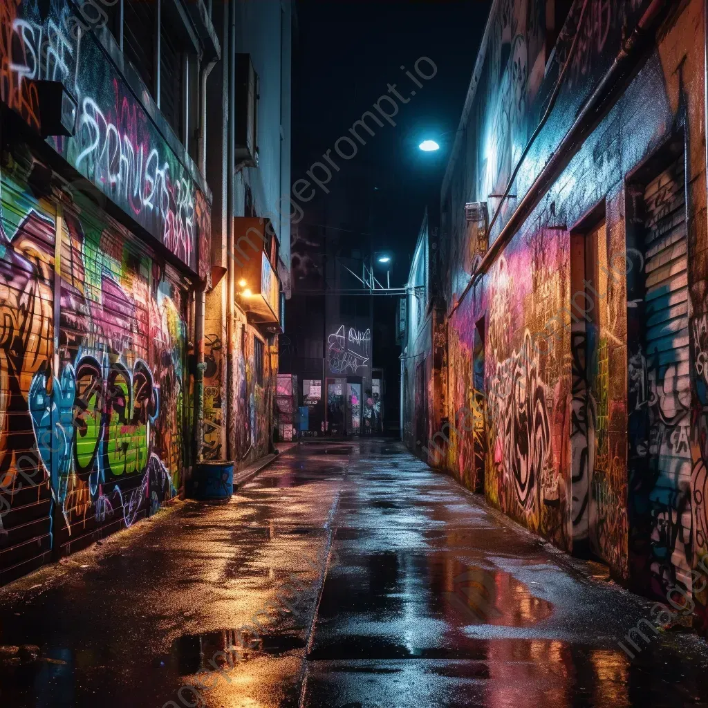 Urban alleyway with colorful graffiti art under dim street lights at night - Image 4