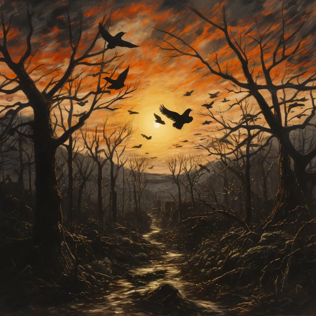 Flock of birds flying out of a dark forest into a radiant sunrise - Image 2