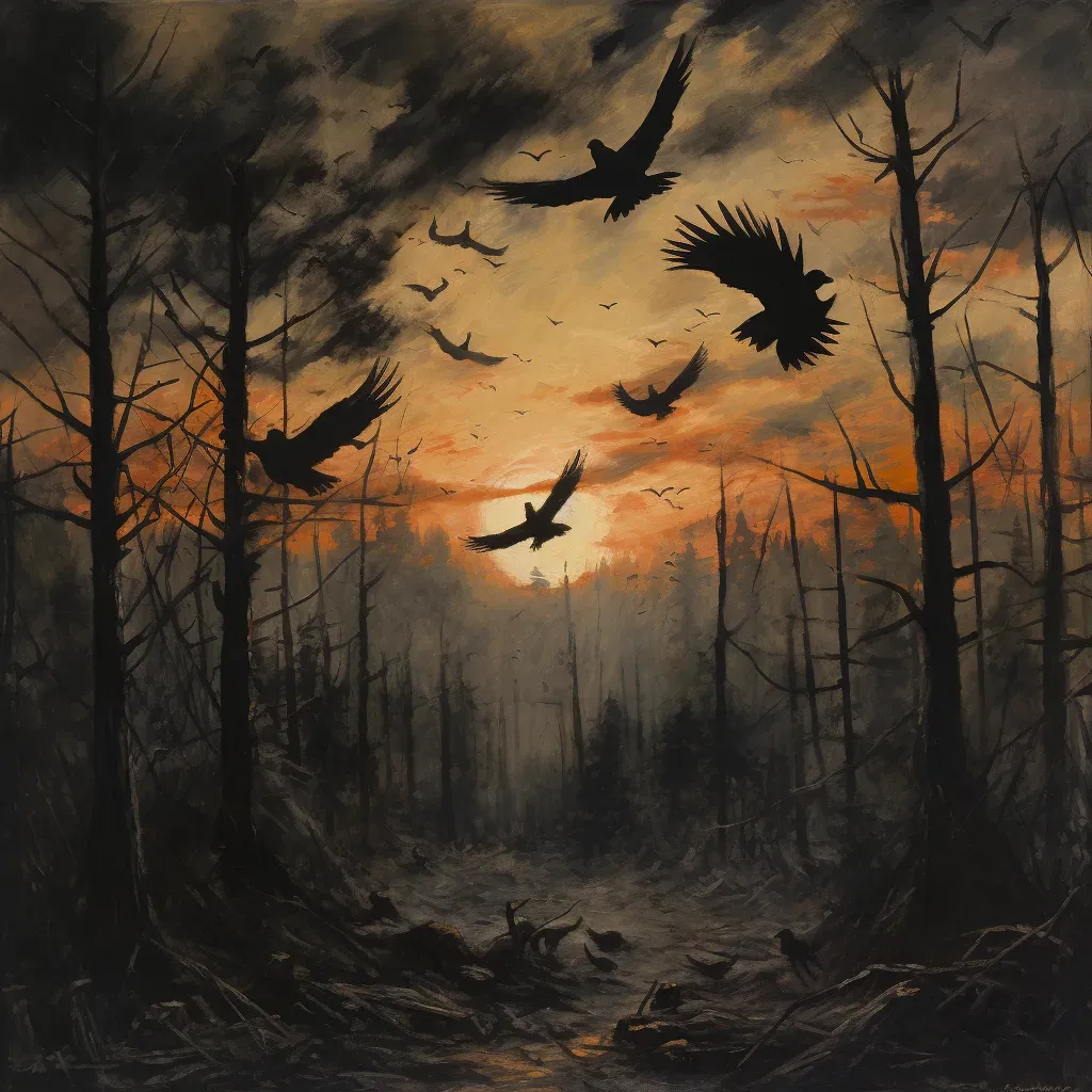 Flock of birds flying out of a dark forest into a radiant sunrise - Image 3