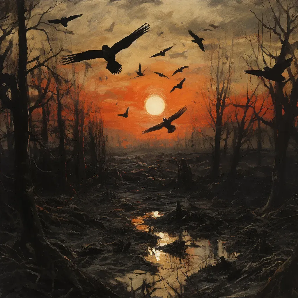 Flock of birds flying out of a dark forest into a radiant sunrise - Image 4