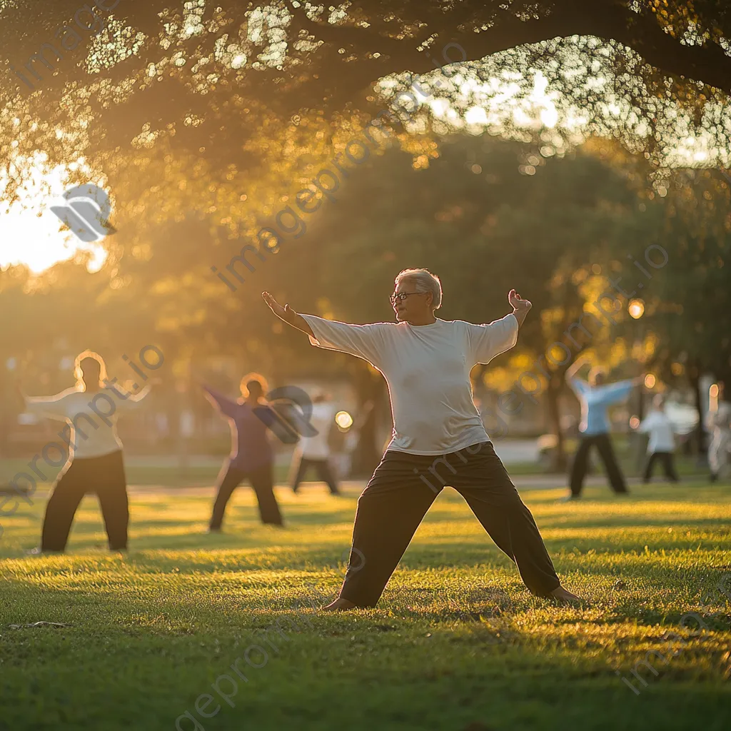 Group practicing slow tai chi movements in a serene park during dawn. - Image 1