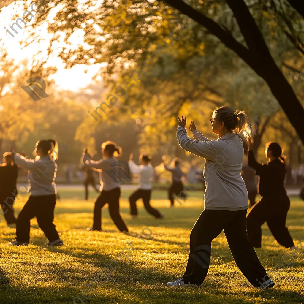 Group practicing slow tai chi movements in a serene park during dawn. - Image 2