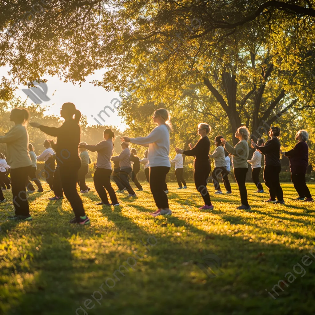 Group practicing slow tai chi movements in a serene park during dawn. - Image 3