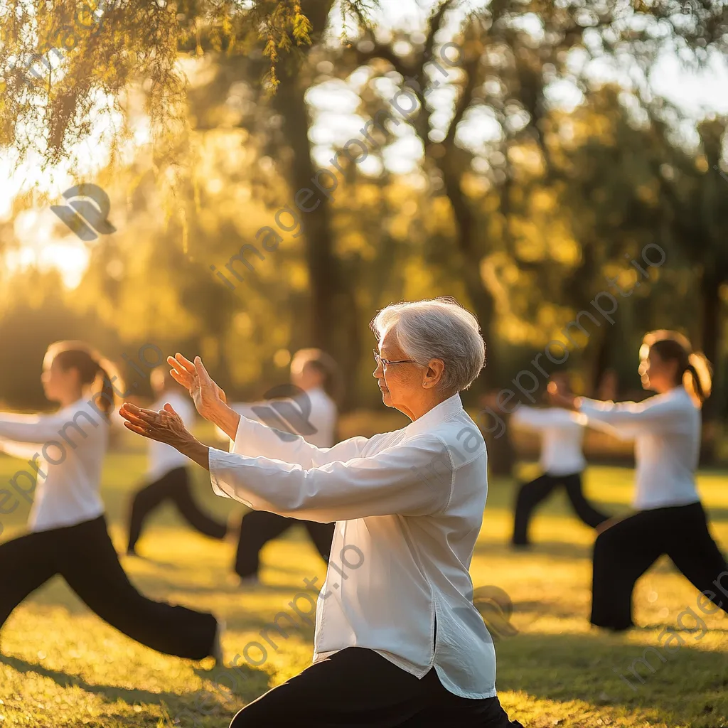 Group practicing slow tai chi movements in a serene park during dawn. - Image 4