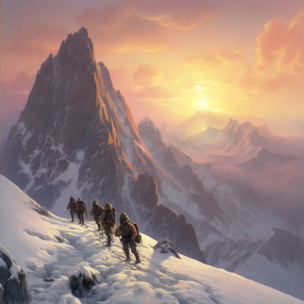 Team of climbers ascending snow-covered mountain peak with dramatic sunrise - Image 2