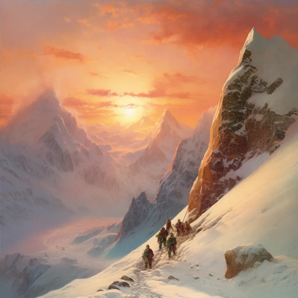 Team of climbers ascending snow-covered mountain peak with dramatic sunrise - Image 4