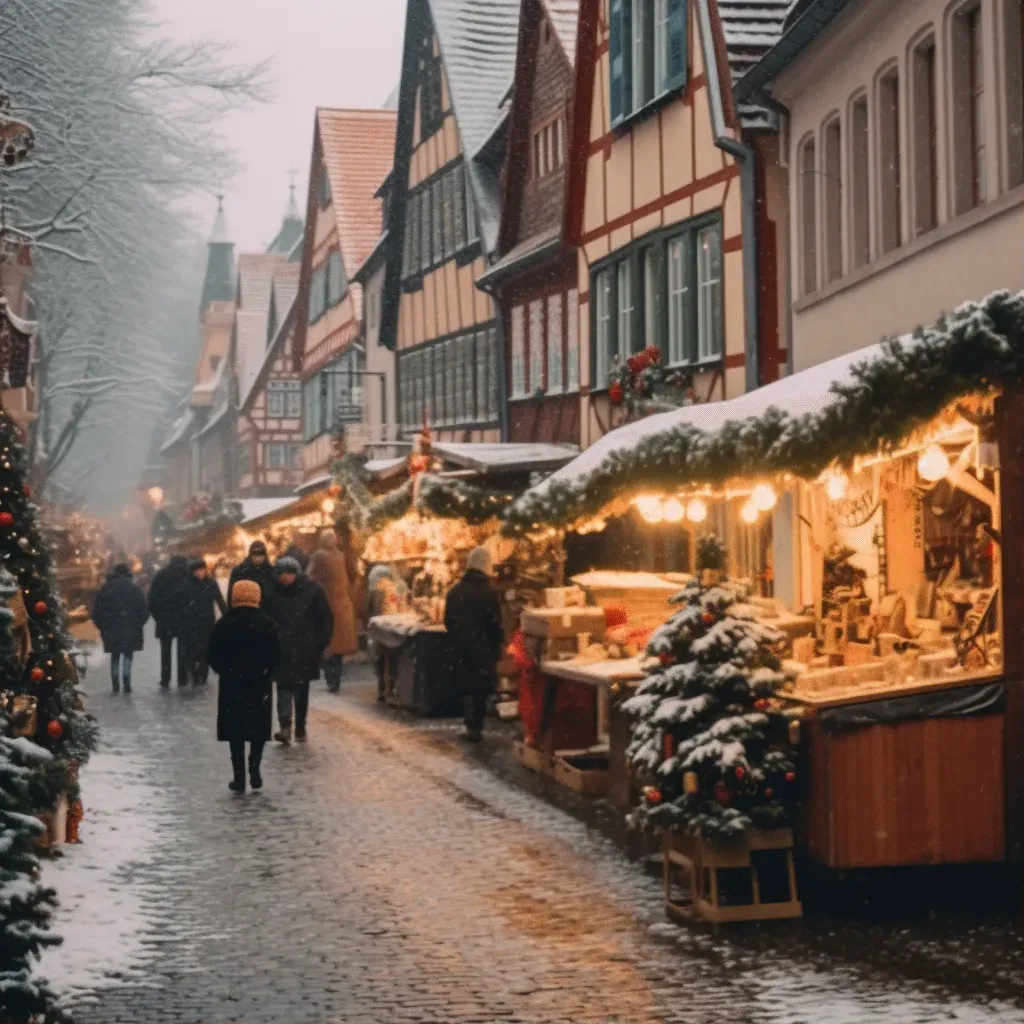 Christmas market with decorated stalls and Christmas tree in Germany - Image 1