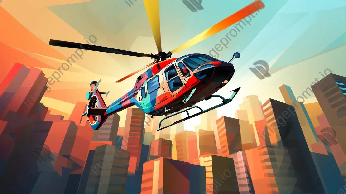 Colorful low-poly helicopter soaring above dynamic cityscape - Image 1