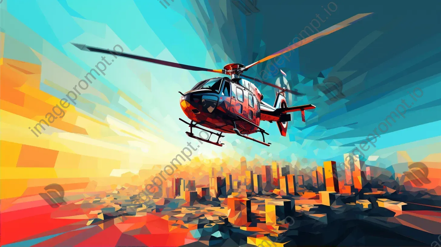 Colorful low-poly helicopter soaring above dynamic cityscape - Image 2