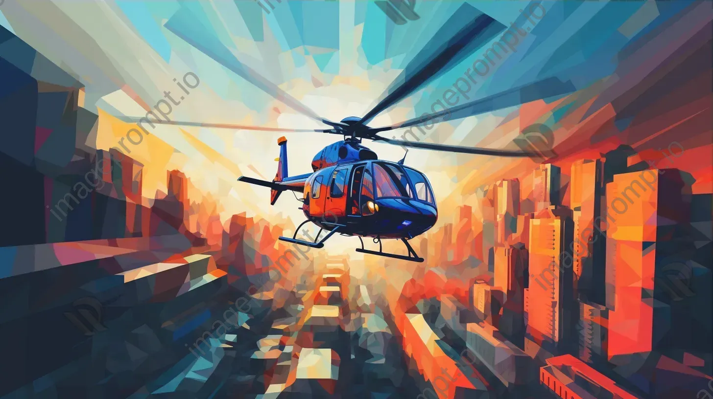 Colorful low-poly helicopter soaring above dynamic cityscape - Image 3