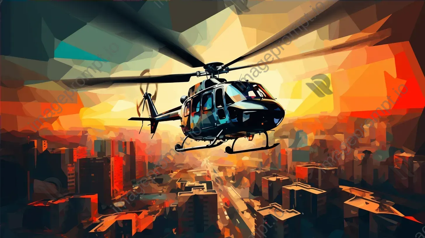 Colorful low-poly helicopter soaring above dynamic cityscape - Image 4