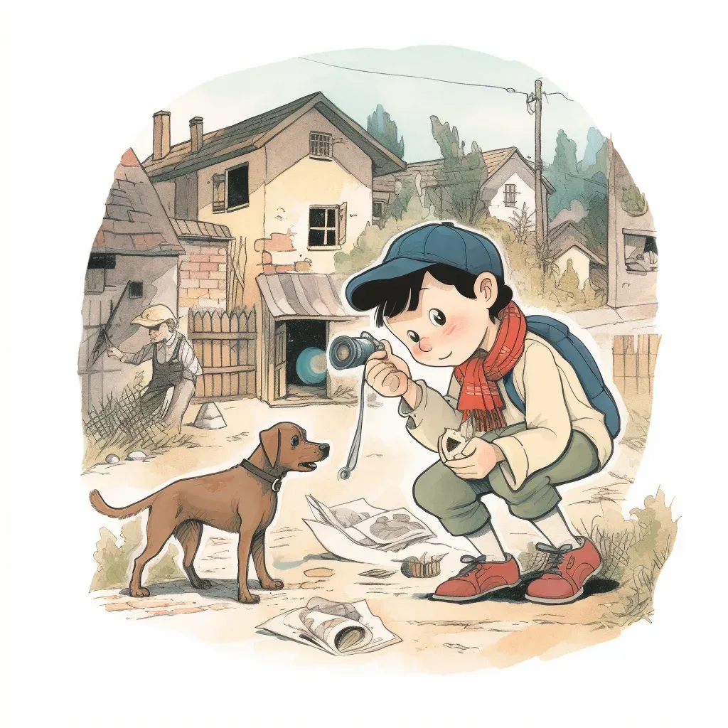 Illustration of a young detective solving mysteries with a magnifying glass and pet sidekick - Image 2