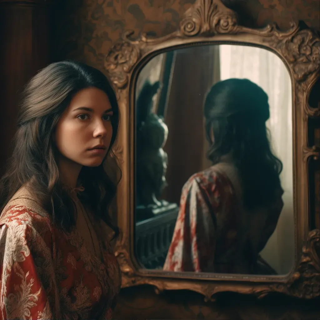 Artistic representation of a woman looking at a mirror showing her older self ruling - Image 1