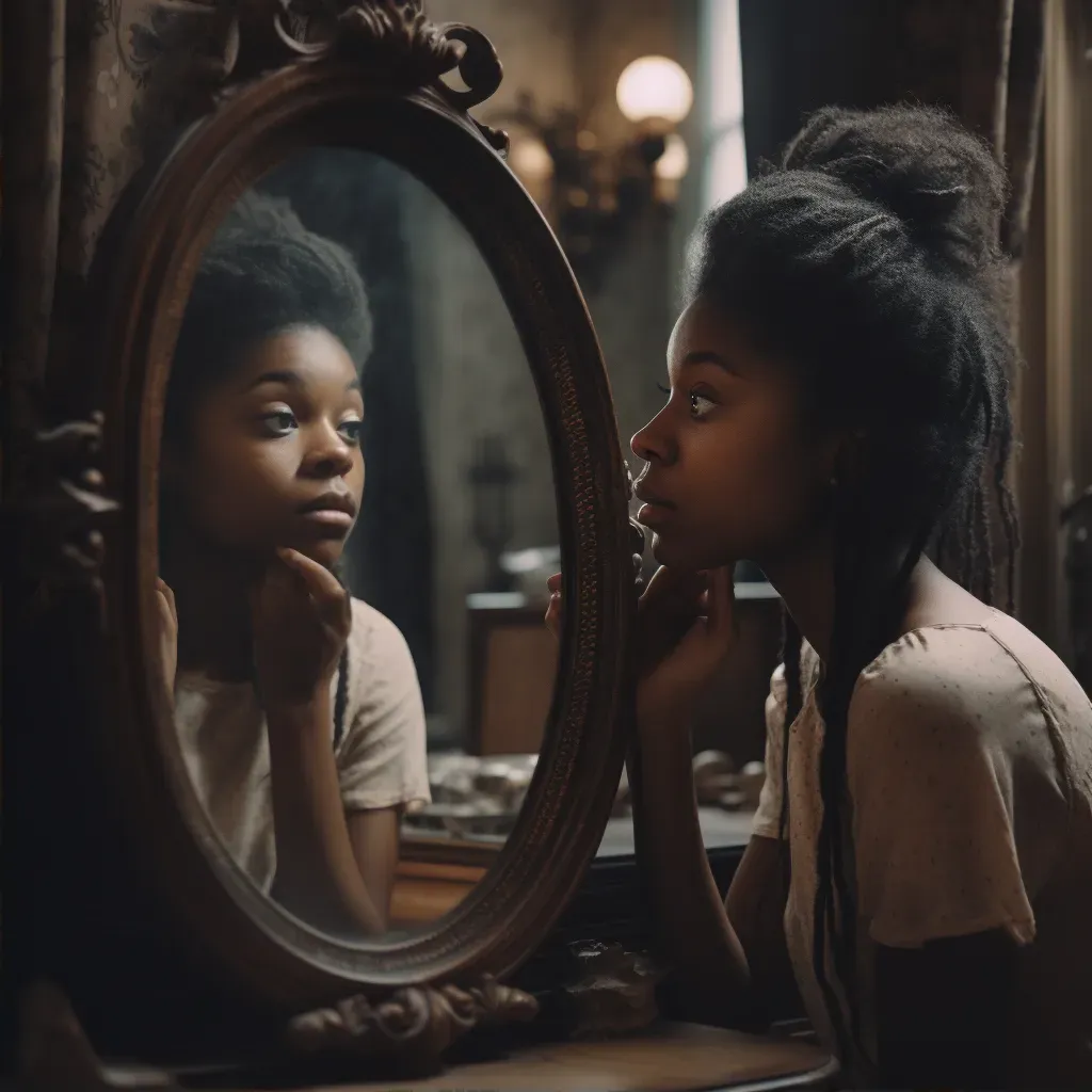 Artistic representation of a woman looking at a mirror showing her older self ruling - Image 2