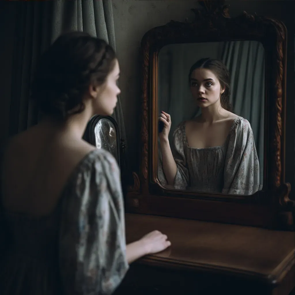 Artistic representation of a woman looking at a mirror showing her older self ruling - Image 3