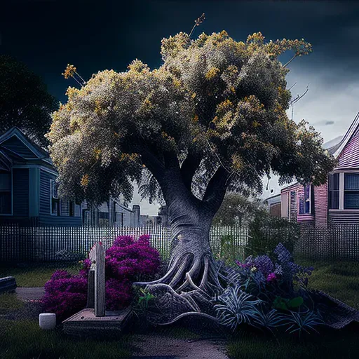 Image of a flourishing garden with a dying tree in the background - Image 4