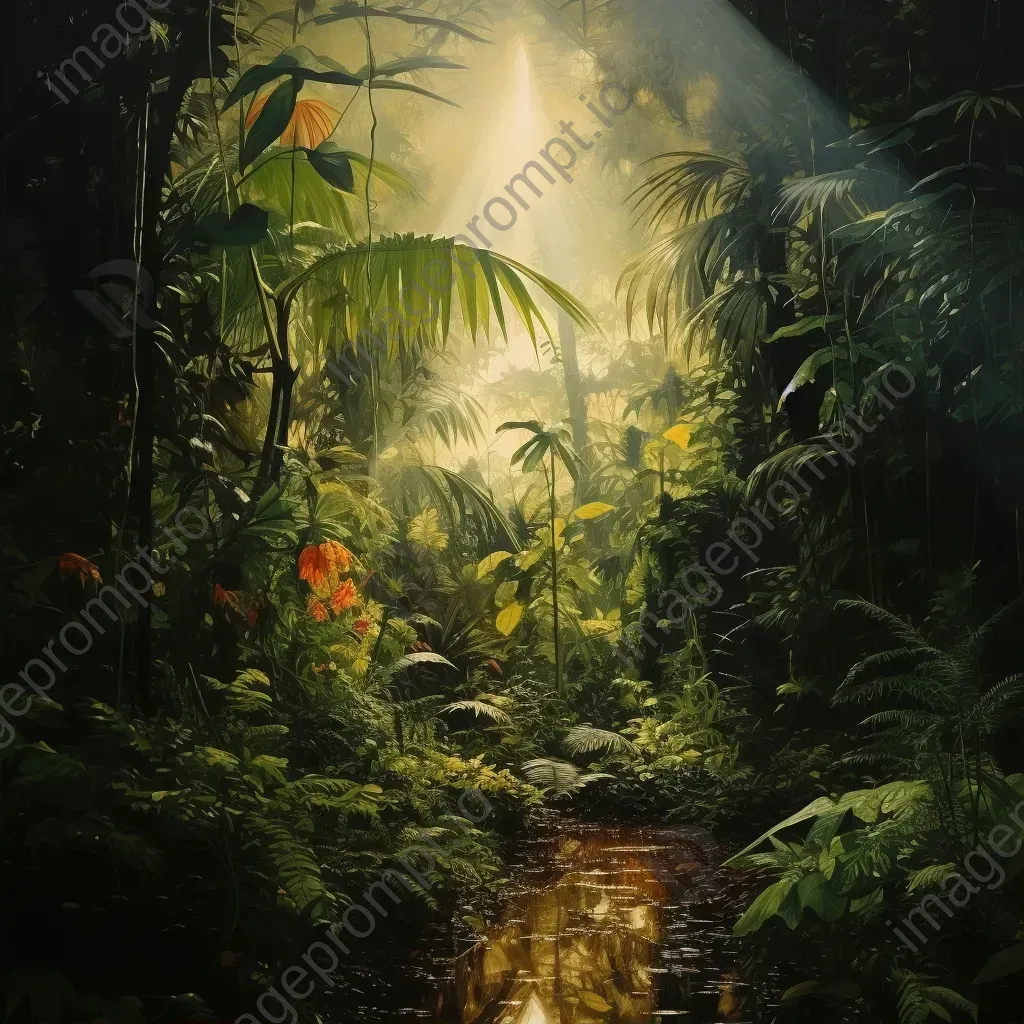 Image of a dense tropical jungle with sunlight streaming through the canopy - Image 1