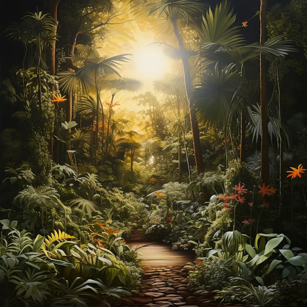 Tropical Jungle with Sunlight Filtering Through Canopy