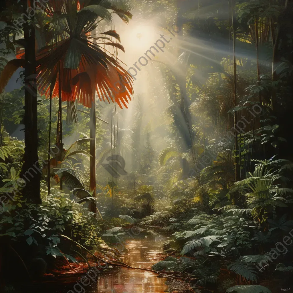 Image of a dense tropical jungle with sunlight streaming through the canopy - Image 3