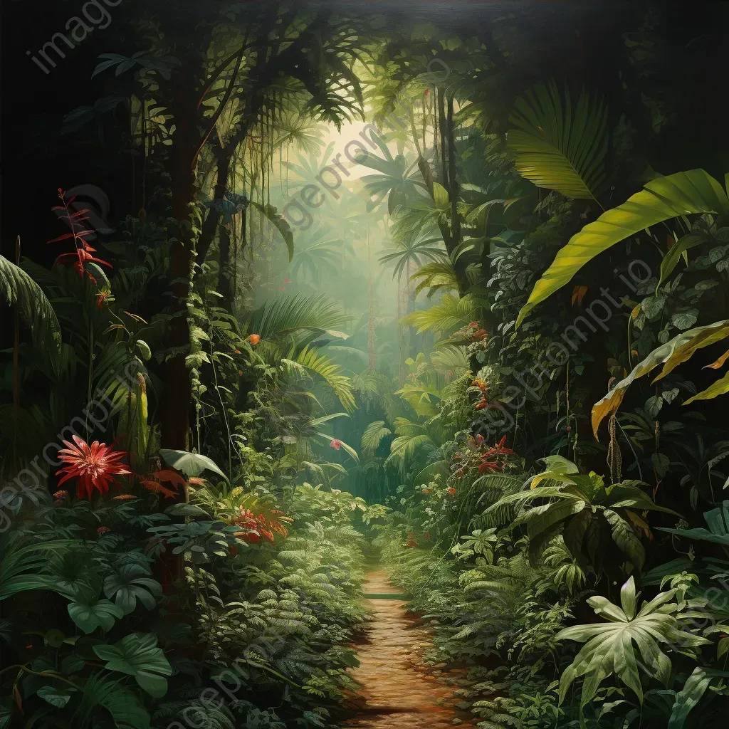 Image of a dense tropical jungle with sunlight streaming through the canopy - Image 4