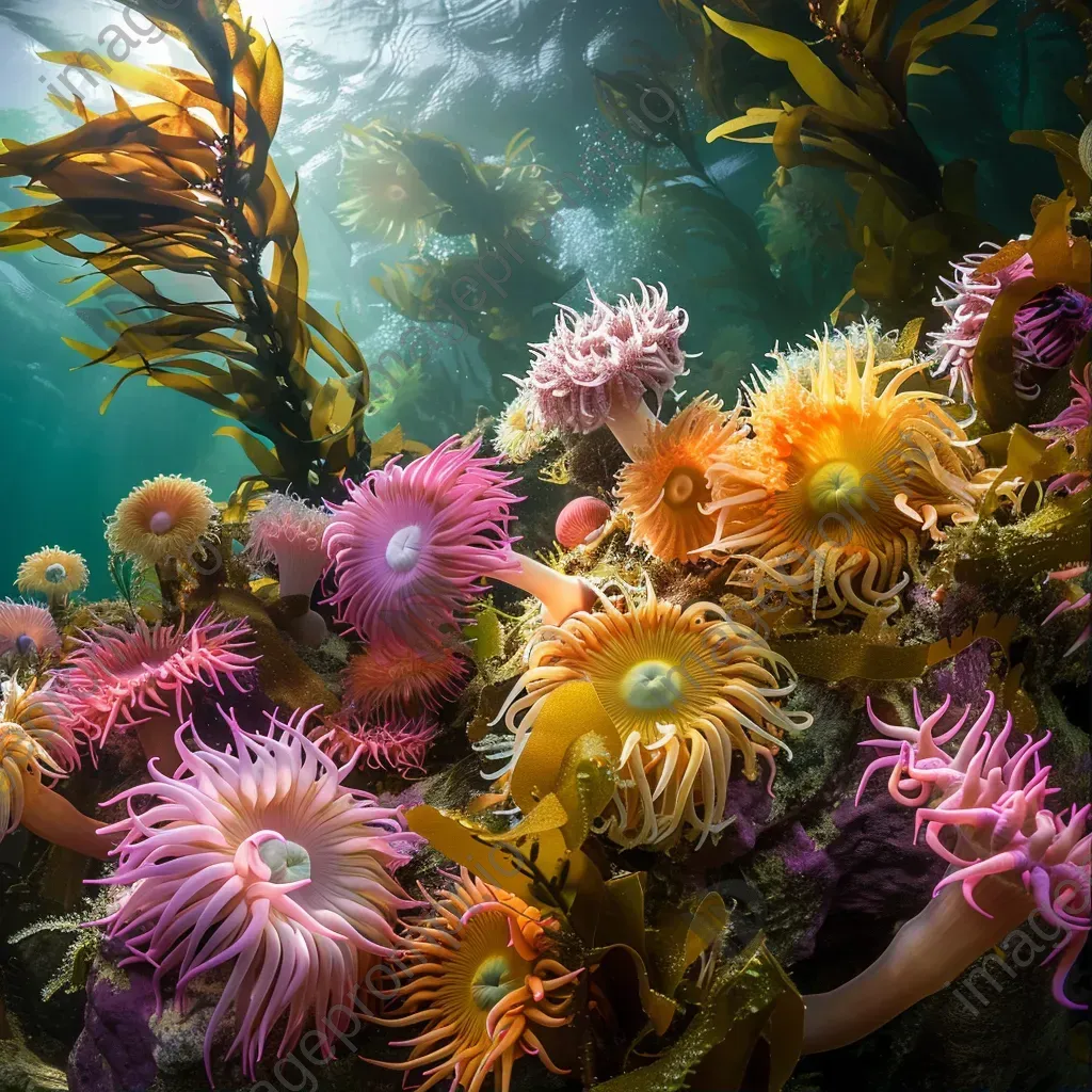 Colorful sea anemones and seaweed underwater - Image 1