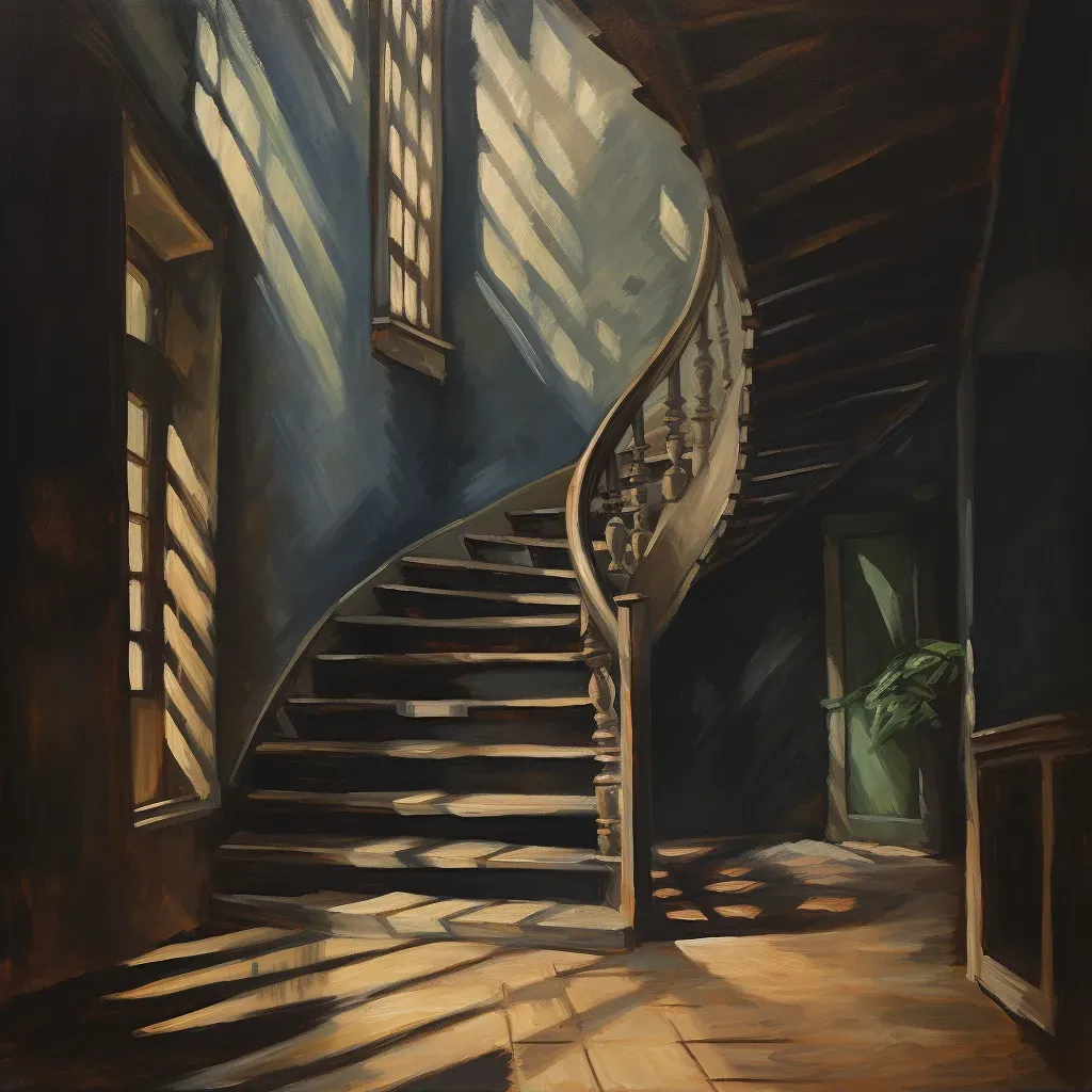 Image of a dark staircase with sunlit window beam - Image 1