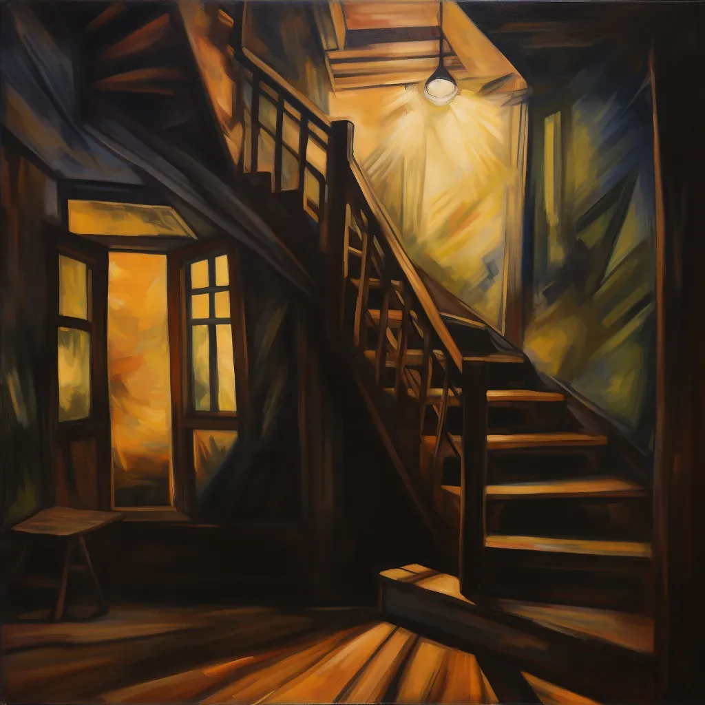 Image of a dark staircase with sunlit window beam - Image 4