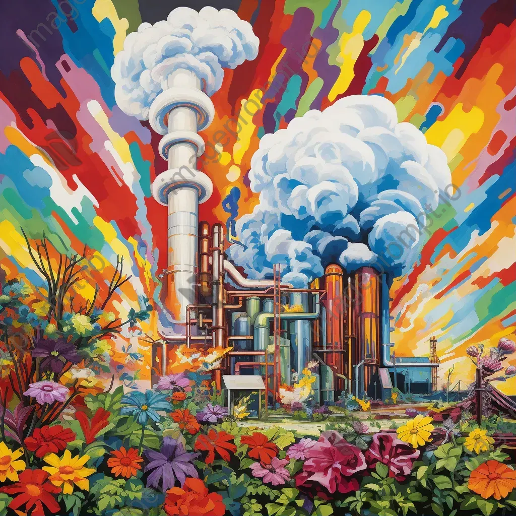 Artistic industrial plant emitting colorful florals, epitomizing a dream of eco-friendly industries - Image 1