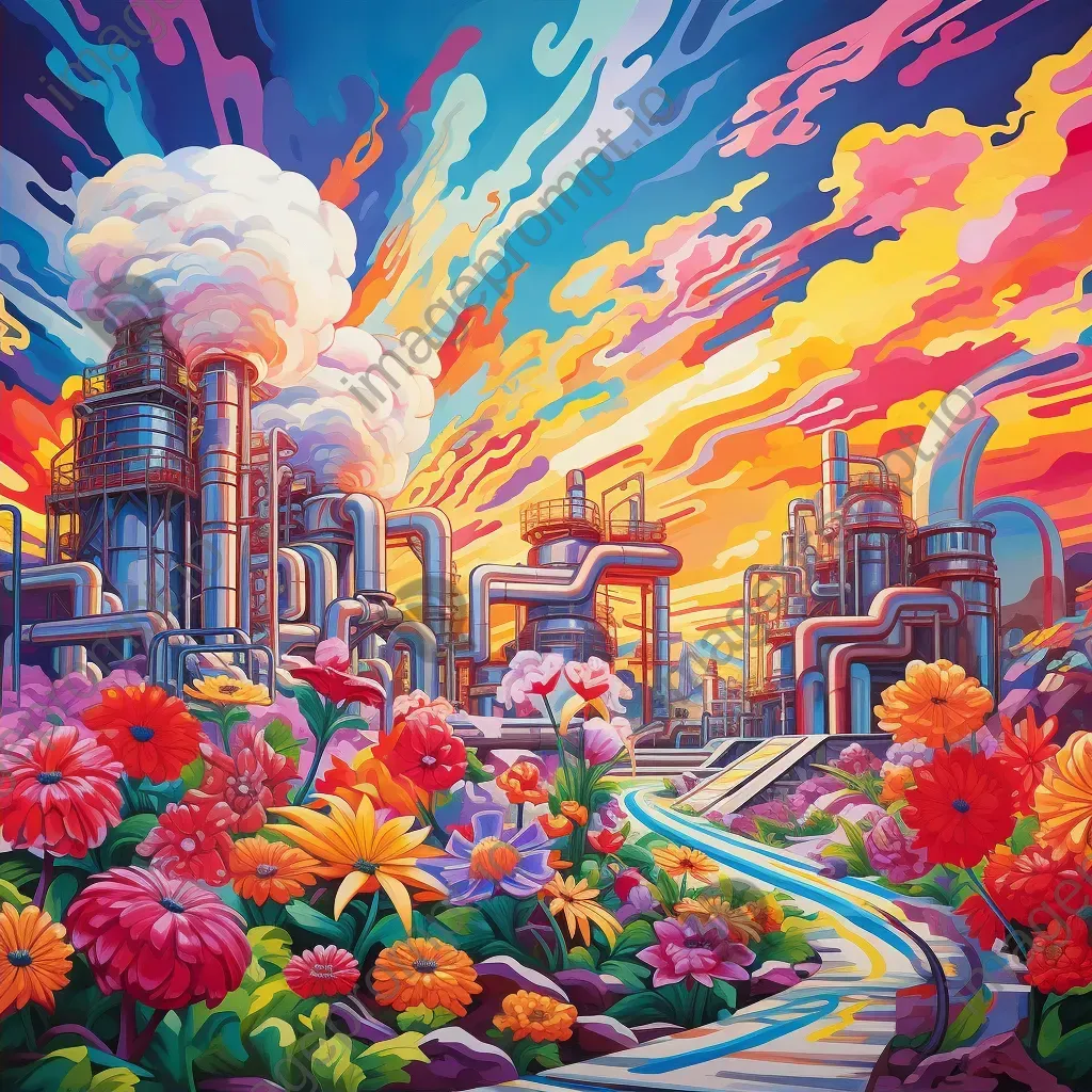 Artistic industrial plant emitting colorful florals, epitomizing a dream of eco-friendly industries - Image 2