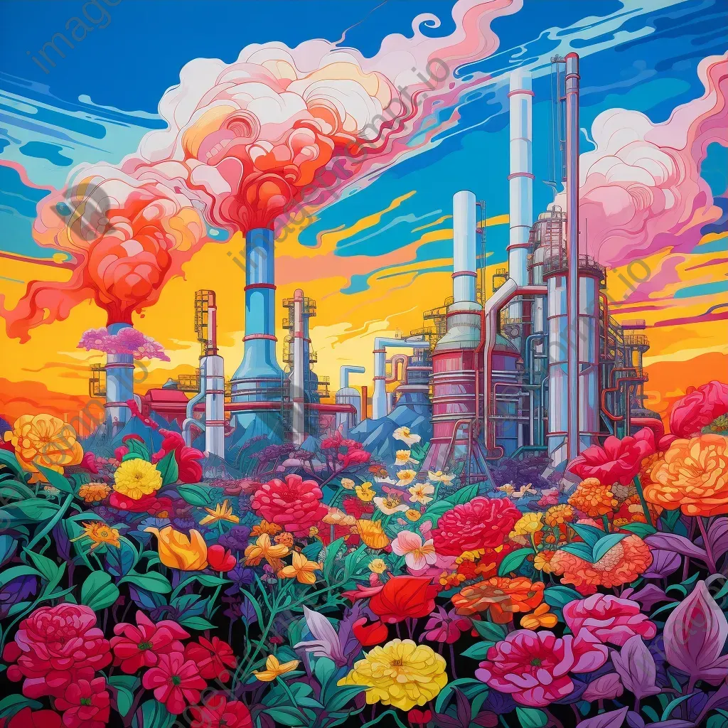 Artistic industrial plant emitting colorful florals, epitomizing a dream of eco-friendly industries - Image 3