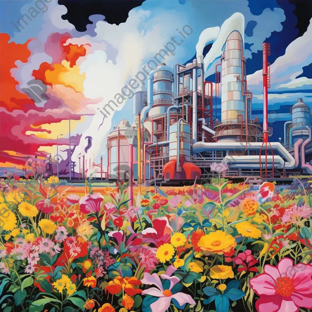 Artistic industrial plant emitting colorful florals, epitomizing a dream of eco-friendly industries - Image 4